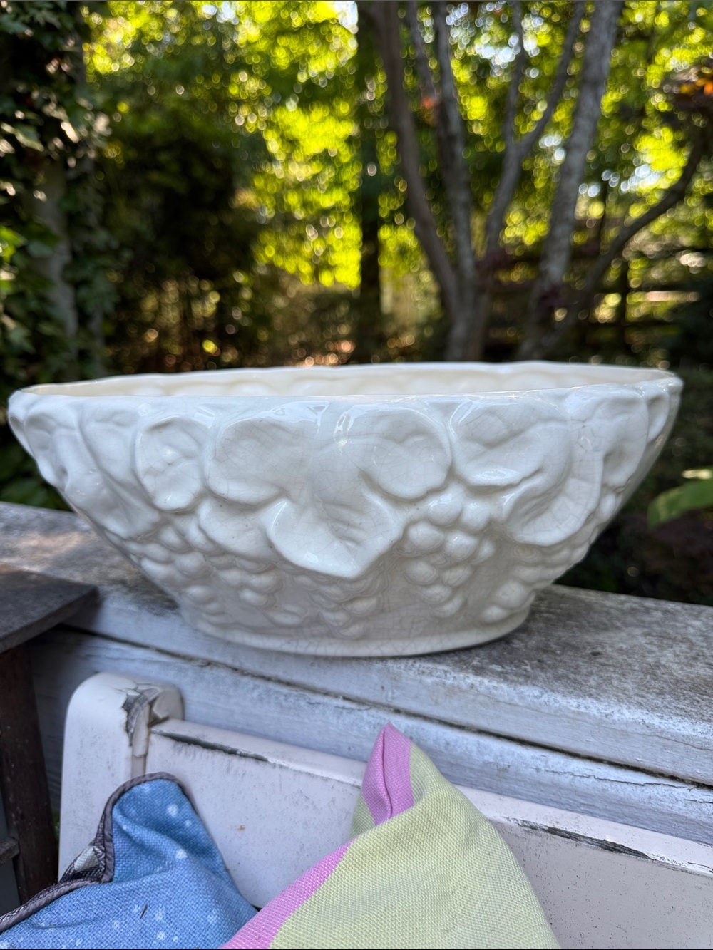 White Ceramic Fruit Motif Serving Bowl